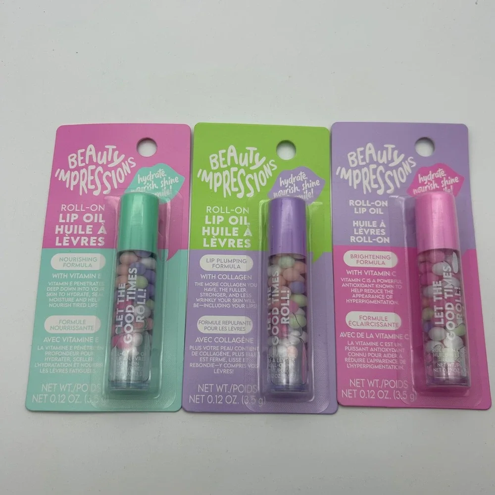 Beauty Impressions‎ Roll-On Lip Oil 3 Pack Vitamin E Collagen Vitamin C Set NEW